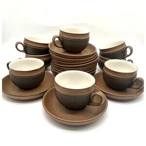 Vintage Denby England Brown Stoneware Tea Coffee Set Cups & Saucers 19pc